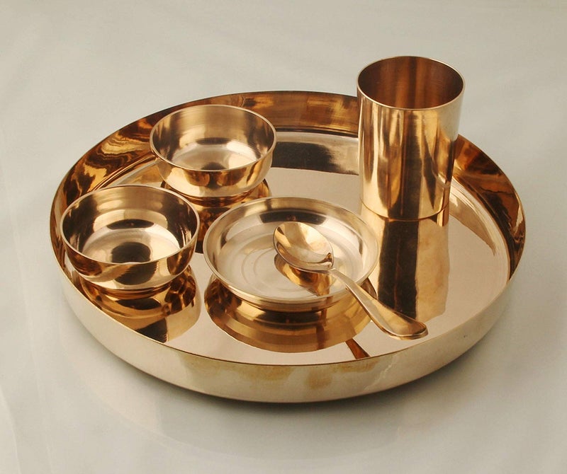 KARMBHUMI Karmbhumi Bronze Kansya Utensil 6 Piece Lotus Design Dinner Thali Set1 Dinner Plate 3 Bowl 1 Glass 1 Spoon  - Image 1