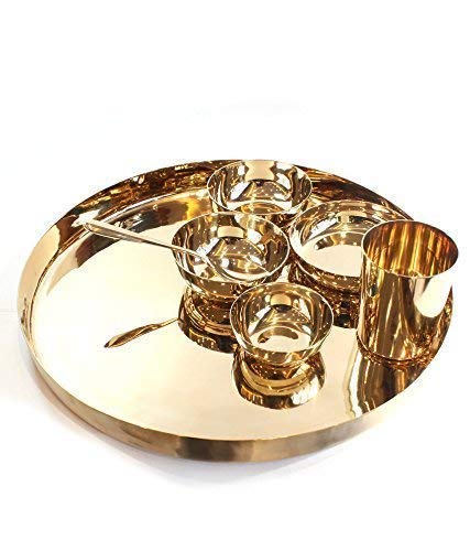 KARMBHUMI Karmbhumi Bronze Kansya Utensil 6 Piece Lotus Design Dinner Thali Set1 Dinner Plate 3 Bowl 1 Glass 1 Spoon  - Image 2