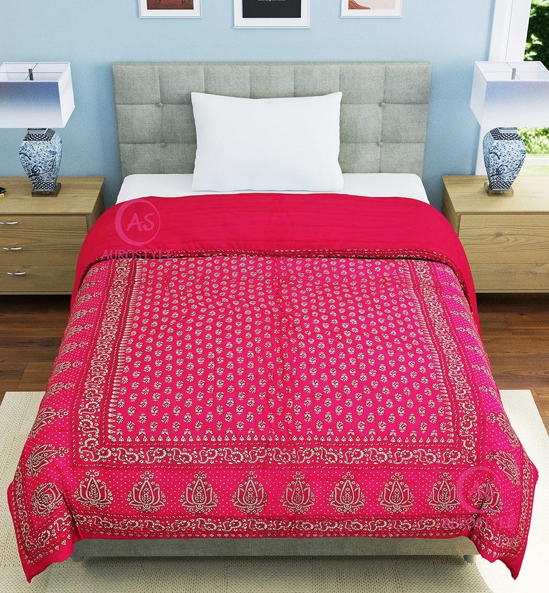 WORLDNEX 400 TC Pure Cotton Traditional Rajasthani Floral Design with Gold Printed Jaipuri QuiltRazaiRajai Light Weight Single Bed 60 x 90 Inch Design 7 - Image 3