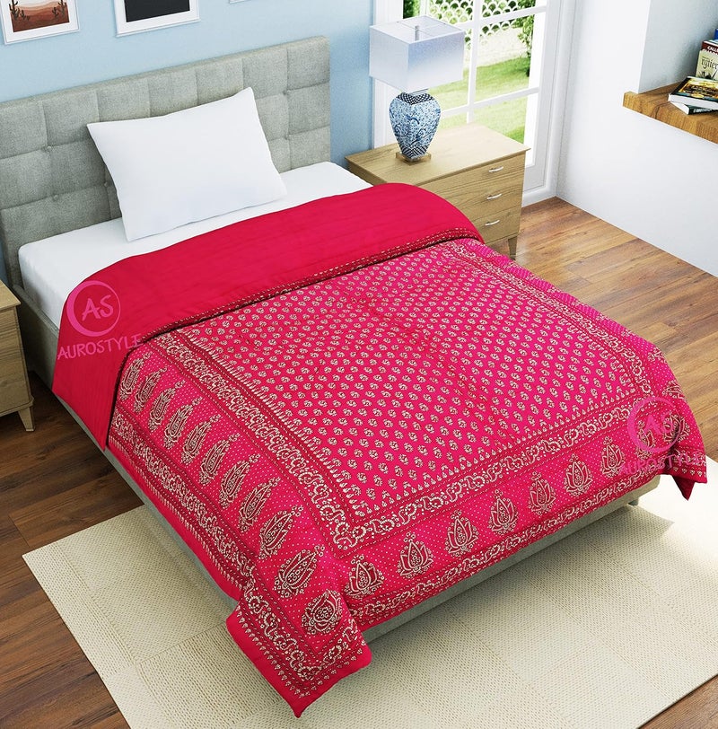 WORLDNEX 400 TC Pure Cotton Traditional Rajasthani Floral Design with Gold Printed Jaipuri QuiltRazaiRajai Light Weight Single Bed 60 x 90 Inch Design 7 - Image 2