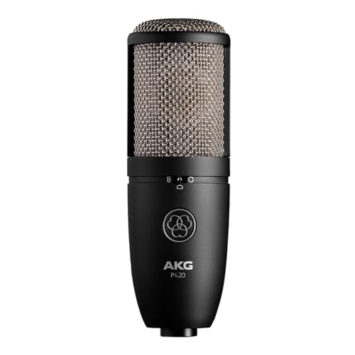 ميكروفون مكثف متعدد الأنماط AKG Pro Audio P420 مع حامل صدمات وحقيبة رائع لتسجيل الفرق البيانو الكبير وآلات النفخ وآلات النحاس والطبول والإيقاع أسود وذهبي