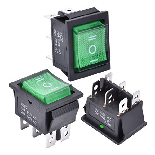 APIELE 3Pcs 3 Position Rocker Toggle Switch DPDT 6 Pin AC 125V/10A 250V/16A ON-Off-ON with LED Light KCD2-203N (Green) - Image 1