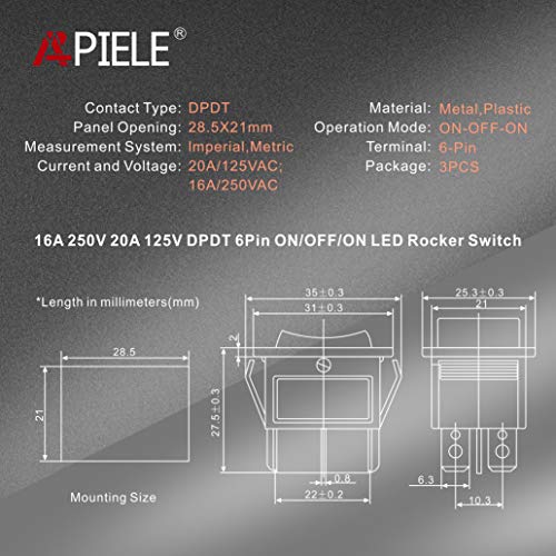 APIELE 3Pcs 3 Position Rocker Toggle Switch DPDT 6 Pin AC 125V/10A 250V/16A ON-Off-ON with LED Light KCD2-203N (Green) - Image 2