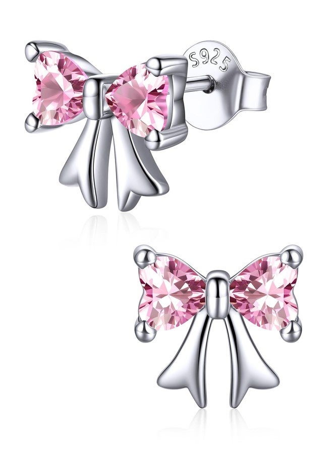 ChicSilver Pink Bow Earrings October Birthstone Stud Earrings for Women Hypoallergenic Pink Stud Earring Birthstone Jewelry - Image 1
