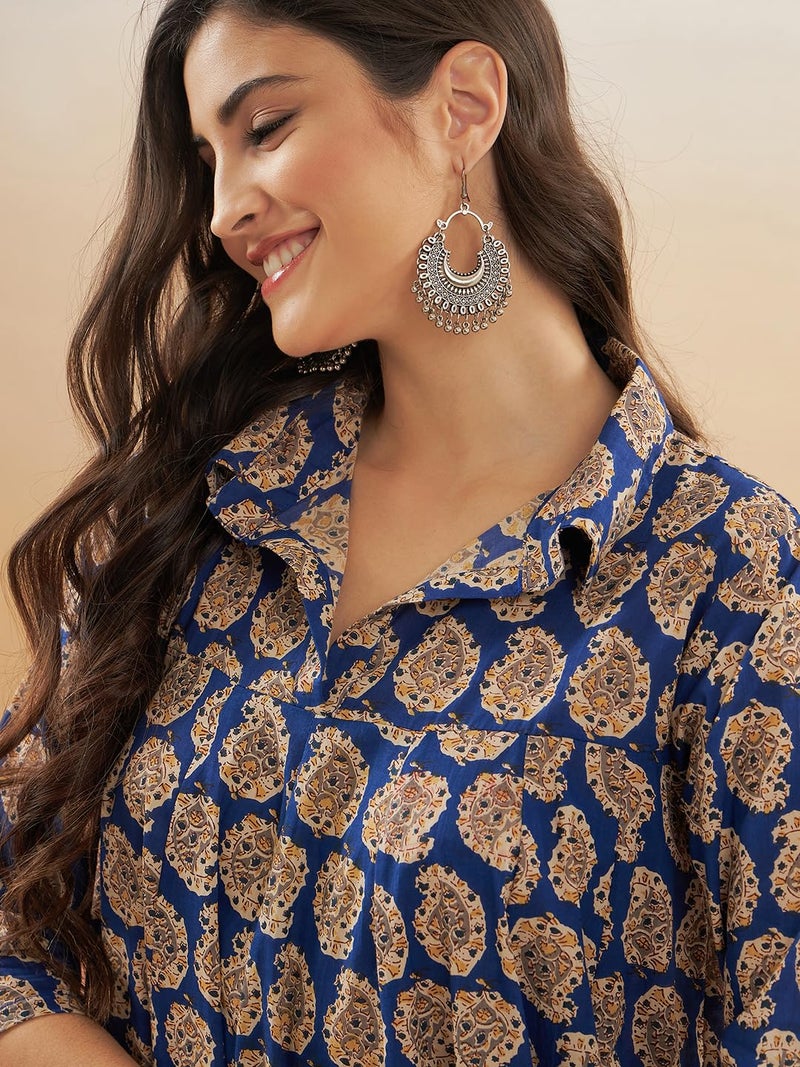 InWeave Ink Blue Small Paisley Kalamkari Flared Dress - Image 4