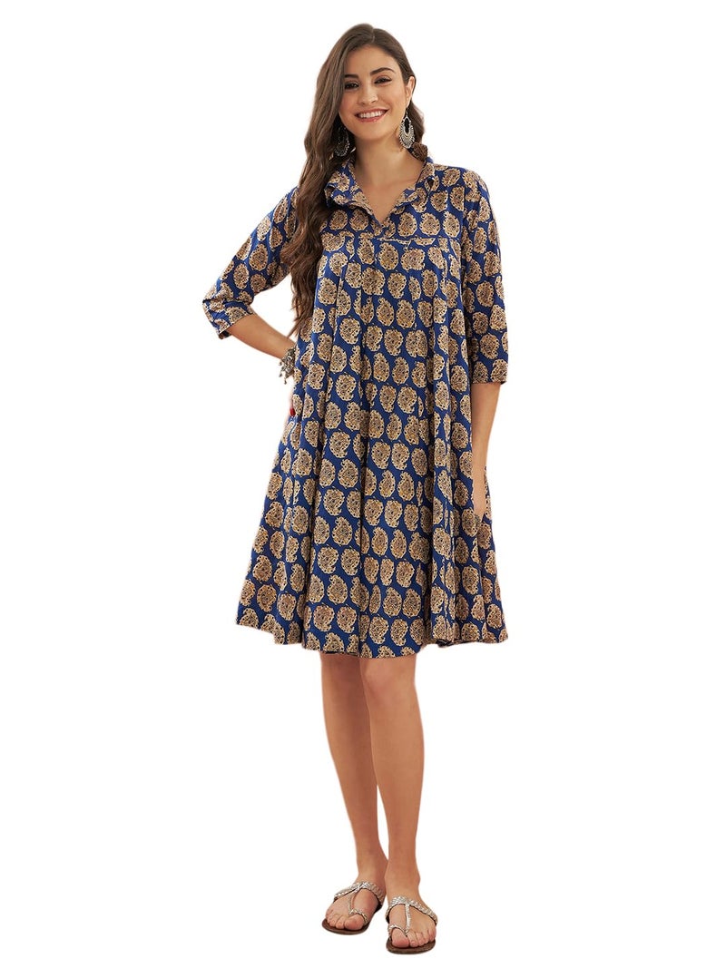 InWeave Ink Blue Small Paisley Kalamkari Flared Dress - Image 2