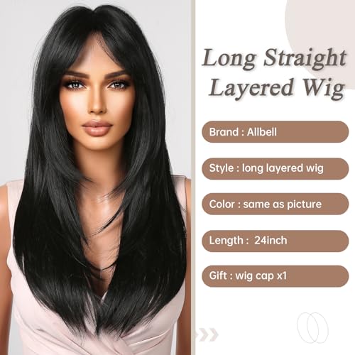 Allbell Long Black Wig with Bangs Straight Layered Wig for Women Natural Looking Heat Resistant Synthetic Hair Repalcement for Daily Cosplay Use - Image 4