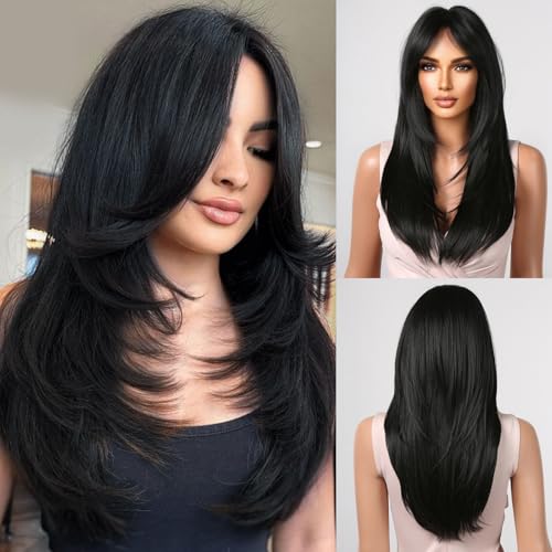 Allbell Long Black Wig with Bangs Straight Layered Wig for Women Natural Looking Heat Resistant Synthetic Hair Repalcement for Daily Cosplay Use - Image 1