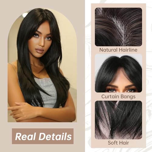 Allbell Long Black Wig with Bangs Straight Layered Wig for Women Natural Looking Heat Resistant Synthetic Hair Repalcement for Daily Cosplay Use - Image 3