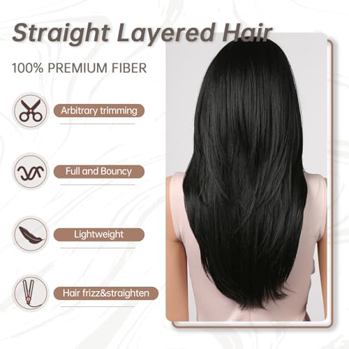 Allbell Long Black Wig with Bangs Straight Layered Wig for Women Natural Looking Heat Resistant Synthetic Hair Repalcement for Daily Cosplay Use - Image 5