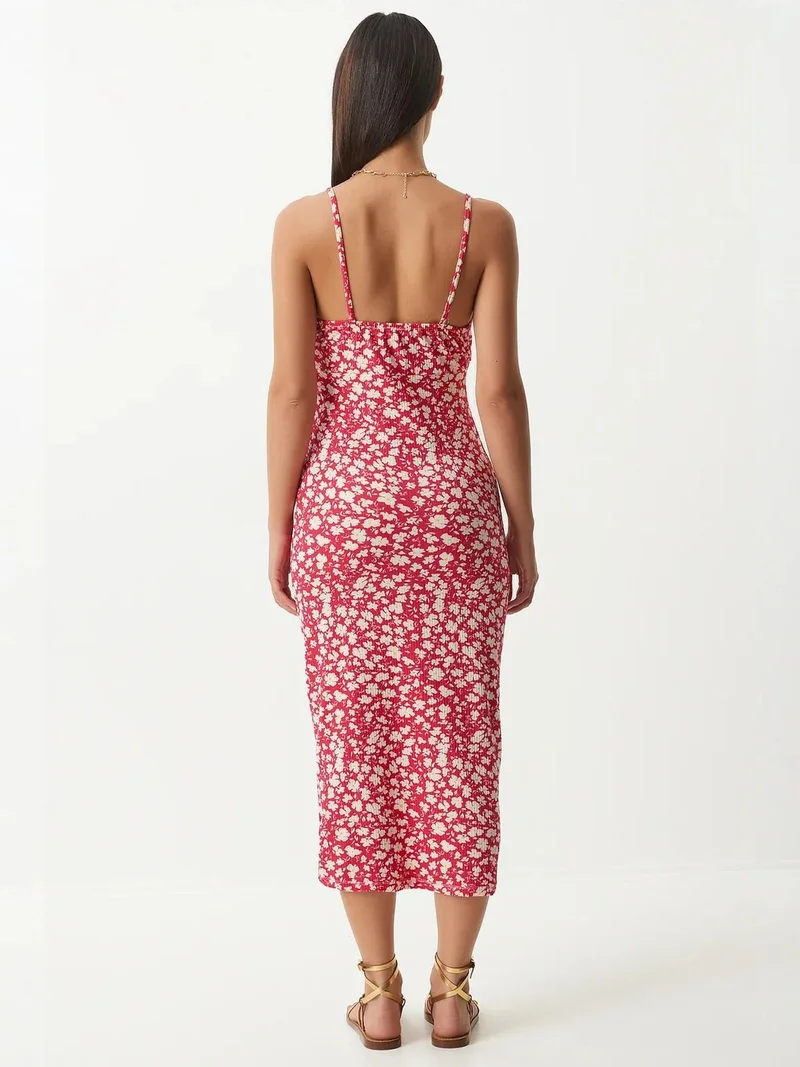 السعادة في إسطنبول ISTANBUL Floral Ribbed Bodycon Midi Dress with Slit