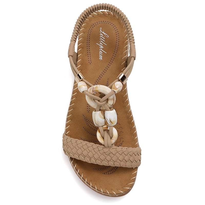 Littleplum Women Sandals Arch Support Handmade Bohemian Braided Flat Sandals Comfort Walking Beach Ankle Elastic Summer Shoes Fashion Apricot Size 8.5 - Image 1