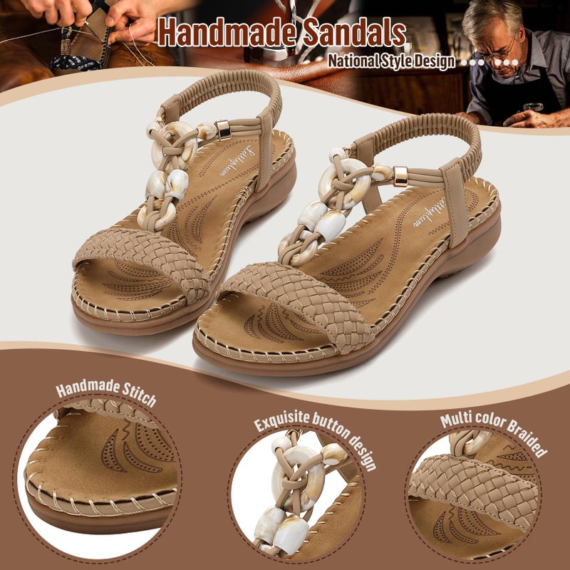 Littleplum Women Sandals Arch Support Handmade Bohemian Braided Flat Sandals Comfort Walking Beach Ankle Elastic Summer Shoes Fashion Apricot Size 8.5 - Image 4