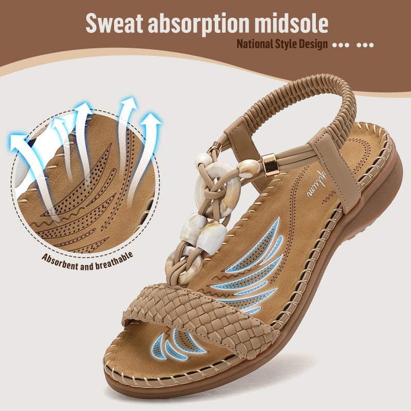 Littleplum Women Sandals Arch Support Handmade Bohemian Braided Flat Sandals Comfort Walking Beach Ankle Elastic Summer Shoes Fashion Apricot Size 8.5 - Image 5