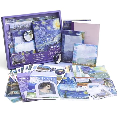 The AutoStory Galaxy Scrapbook Kit A6 Junk Journal Notebook Aesthetic Universe Stickers Space Collage Paper Washi Tape DIY Craft Art Diary Material Set Gift Teens Girls (The Starry Night, Purple) - Image 1
