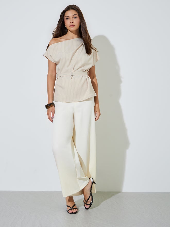 Styli Beige Pinstripe Blouse with Belt - Image 2