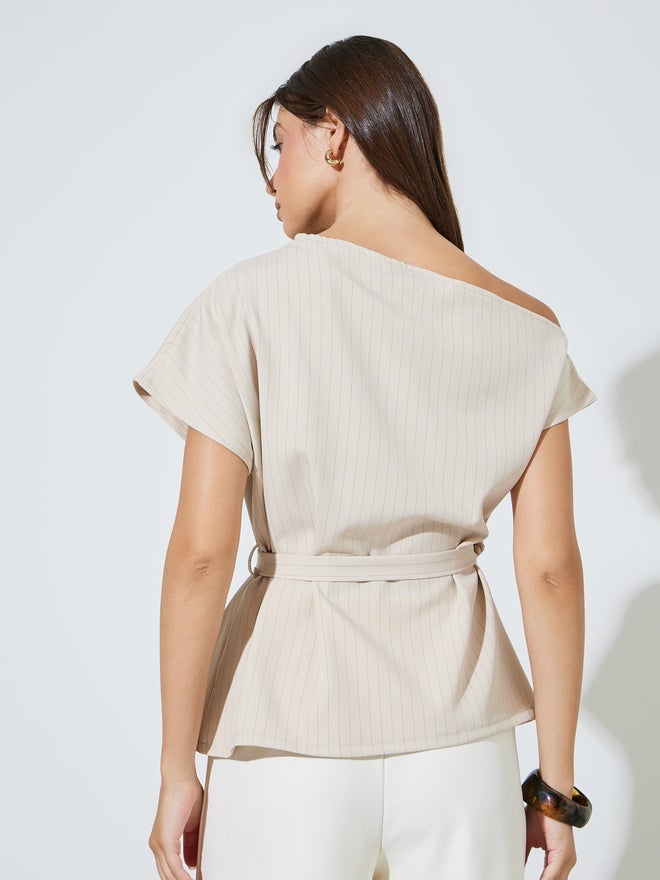 Styli Beige Pinstripe Blouse with Belt - Image 5
