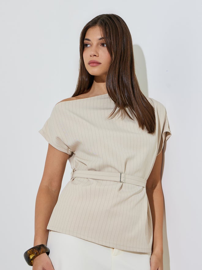 Styli Beige Pinstripe Blouse with Belt - Image 4