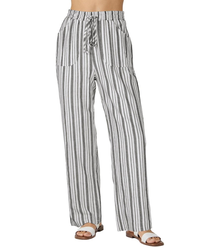 GRAPENT Lounge Pants Summer Outfits for Women Womens Elastic Waist Loose Wide Leg Linen Striped Striped Cotton Linen Pants, Cream White Stripe, L, US Size 12 to 14 - Image 1