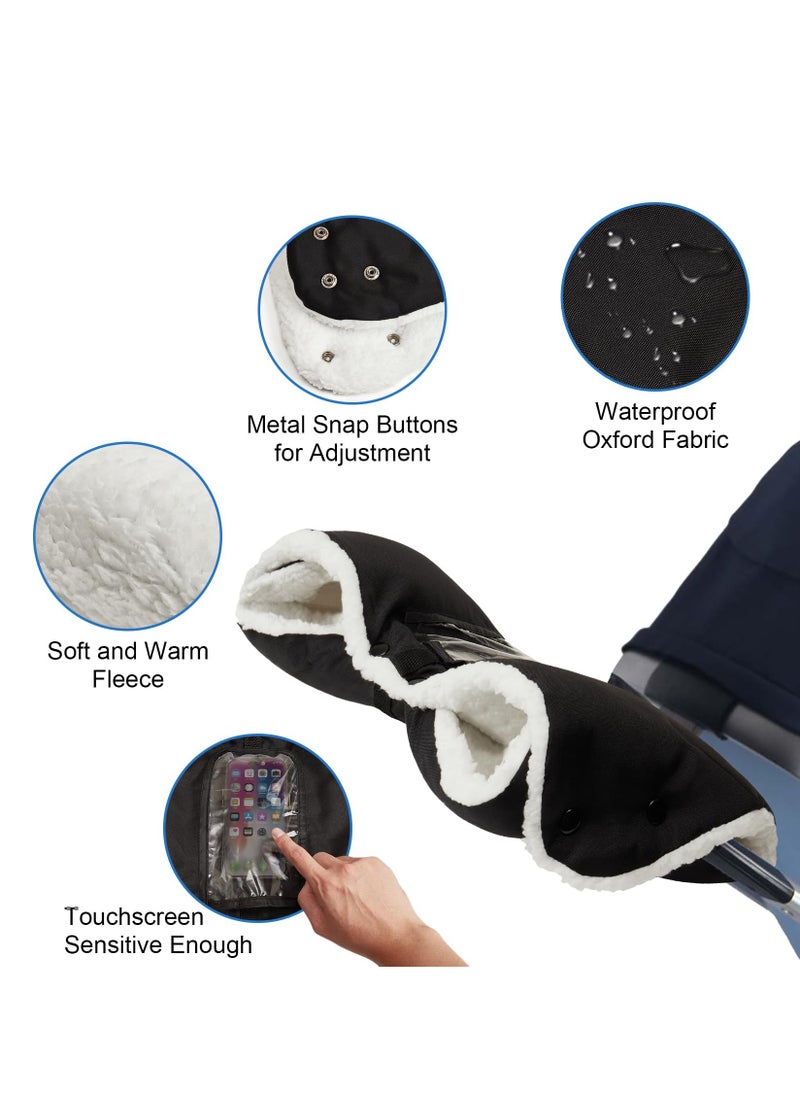 Excefore Stroller Hand Gloves, Baby Stroller Gloves Thick AntiFreeze Mittens Hand Warmer, Universal Warm Winter Gloves Water Repellent Pram Hand Gloves With Touch Screen Phone Bag For Cold Weather, Black  - Image 2
