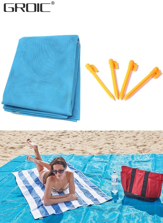 GROIC سجادة شاطئ خالية من الرمال مقاس 79 × 79 بوصة مع 4 قطع من المسامير الأرضية، بطانية سحرية مقاومة للرمال، تجف بسرعة، سهلة التنظيف، سجادة مقاومة للماء، تتجنب الرمال والأوساخ والعشب، تحافظ على كل شيء نظيفًا - Image 1