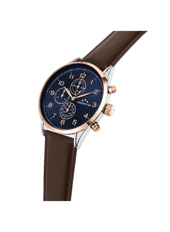 Chronostar Men's Blue Round Analog Dial with Brown Leather Band Watch - 44mm - R3751300004 - Image 2