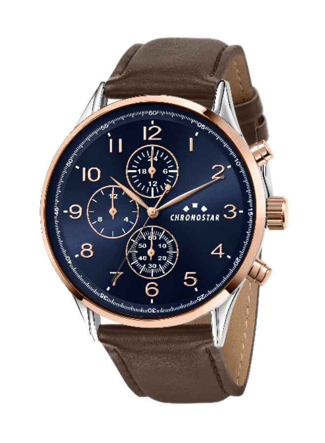 Chronostar Men's Blue Round Analog Dial with Brown Leather Band Watch - 44mm - R3751300004 - Image 1