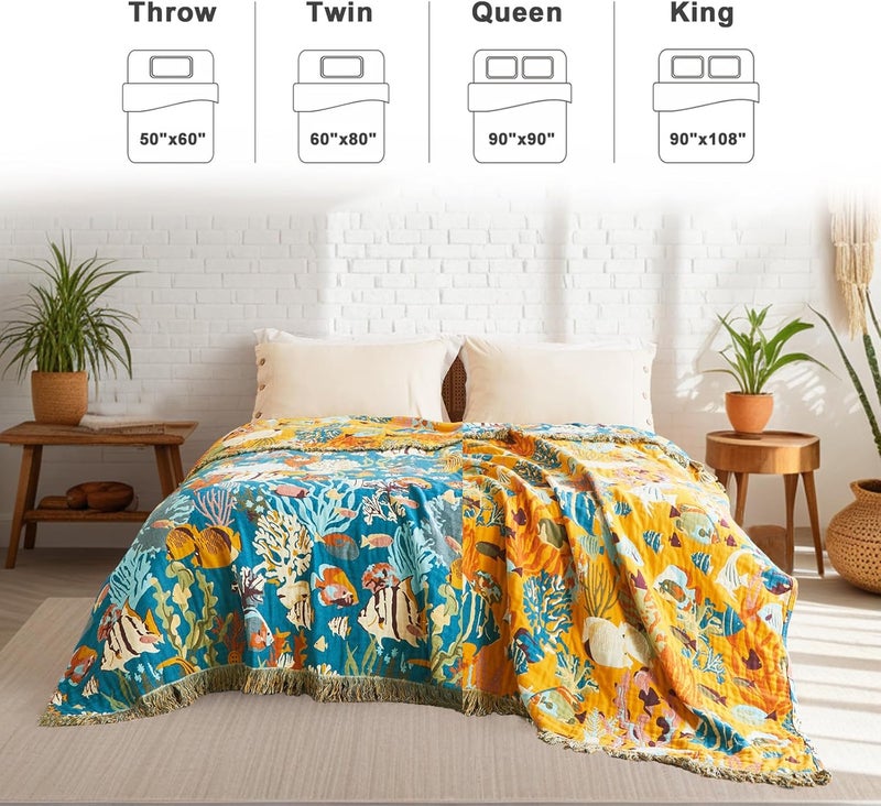 LUTBM Throw Blanket for Couch Sofa 100% Cotton Blankets for Bedroom Living Room Soft All Season Reversible Underwater Ocean Life Embroidery Throws Coastal Home Decor 50"x60" - Image 5