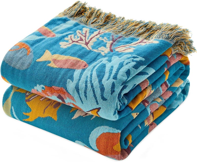 LUTBM Throw Blanket for Couch Sofa 100% Cotton Blankets for Bedroom Living Room Soft All Season Reversible Underwater Ocean Life Embroidery Throws Coastal Home Decor 50"x60" - Image 1