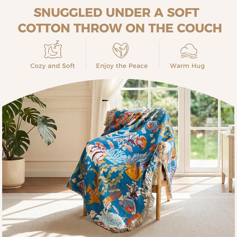 LUTBM Throw Blanket for Couch Sofa 100% Cotton Blankets for Bedroom Living Room Soft All Season Reversible Underwater Ocean Life Embroidery Throws Coastal Home Decor 50"x60" - Image 4