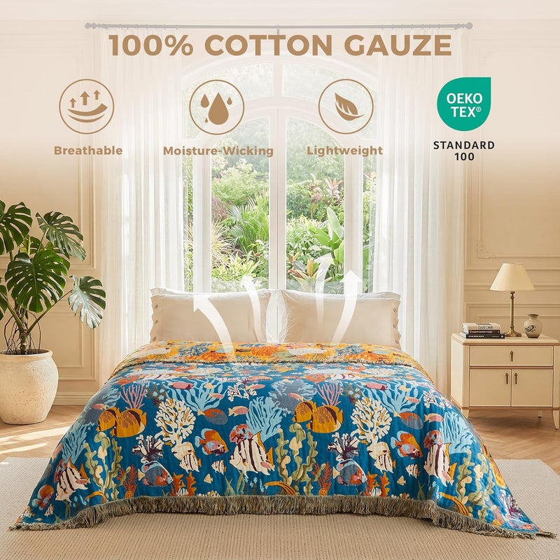 LUTBM Throw Blanket for Couch Sofa 100% Cotton Blankets for Bedroom Living Room Soft All Season Reversible Underwater Ocean Life Embroidery Throws Coastal Home Decor 50"x60" - Image 3