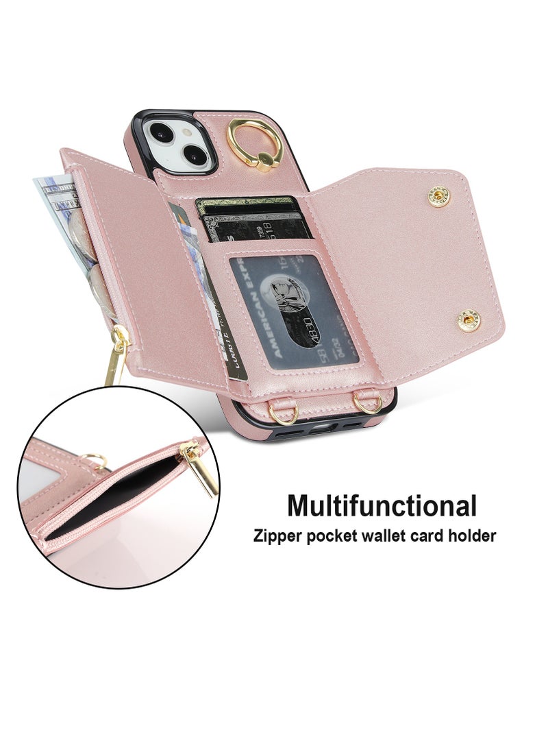 GULFLINK PU Leather Back Cover Phone Case with Purse and Straps for Apple iPhone 15 Rose gold - Image 2