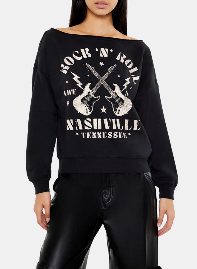 FOREVER 21 Rock N Roll Off-the-Shoulder Pullover - Image 1