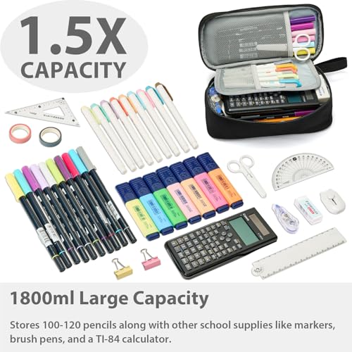 SPACEMATE Pencil Case Pouch Box Bag School Supplies Girls Boys Kids, Cute Preppy Stuff Large Big Capacity Aesthetic Pen Organizer, Back to College Stationary, Black, Classic Stlye, 1800ml - Image 2