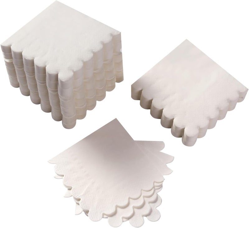 BEFORYOU 200 Pack Cocktail Napkin 2-Ply Scalloped Edged Dessert Napkins Folded 5 x 5 Inches Disposable Napkins for Dinner Wedding Birthday Party Bridal Anniversary Reception Event (White) - Image 1