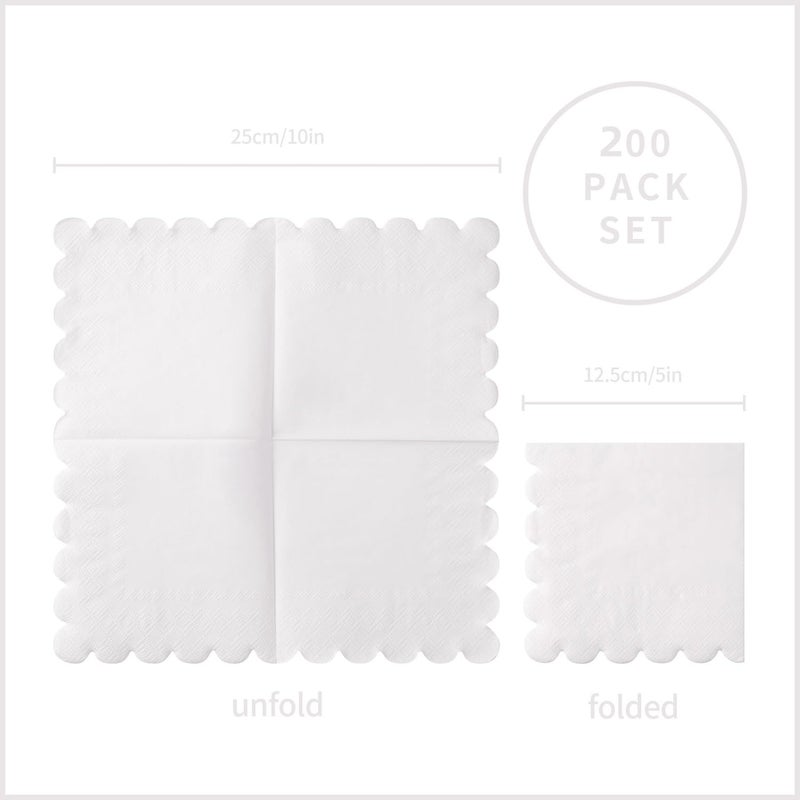 BEFORYOU 200 Pack Cocktail Napkin 2-Ply Scalloped Edged Dessert Napkins Folded 5 x 5 Inches Disposable Napkins for Dinner Wedding Birthday Party Bridal Anniversary Reception Event (White) - Image 2
