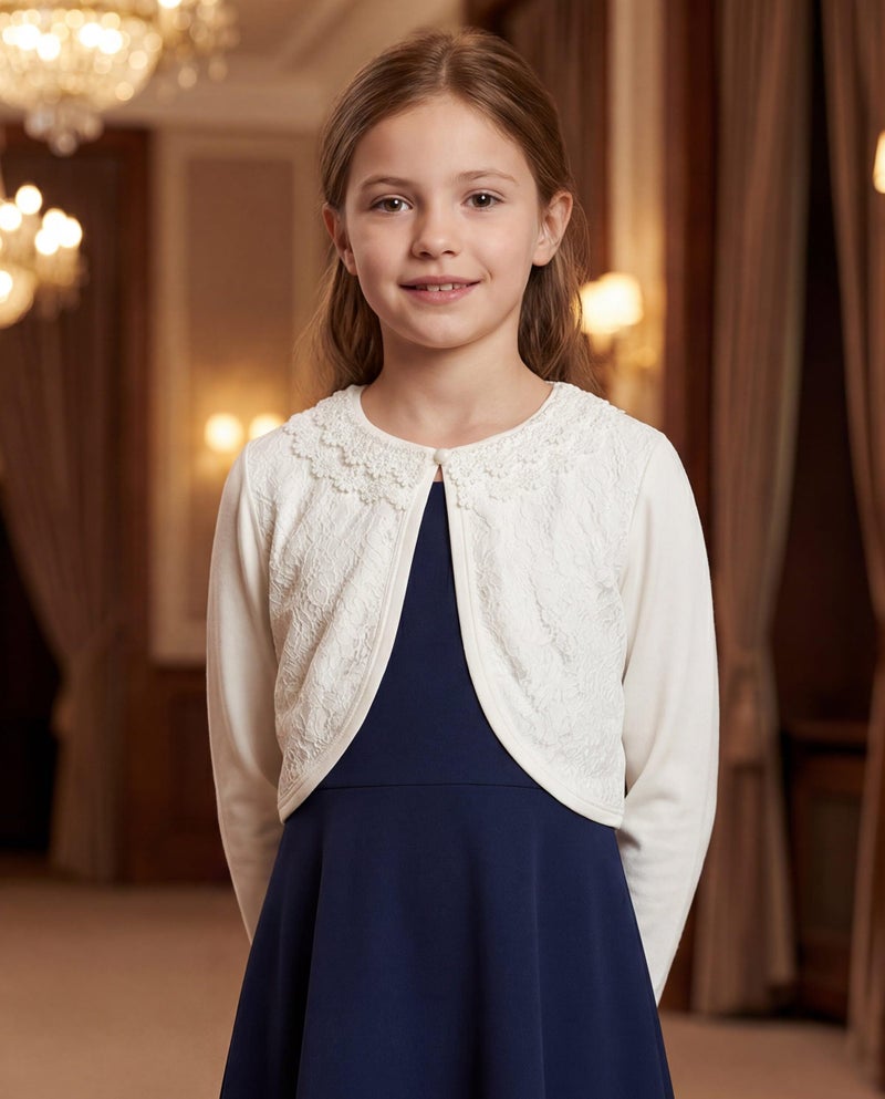 BOLEROSE Girls Long Sleeve Floral Lace Bolero Cardigan Kids Shrug Cover Up (Ivory, 13-14 YRS) - Image 4