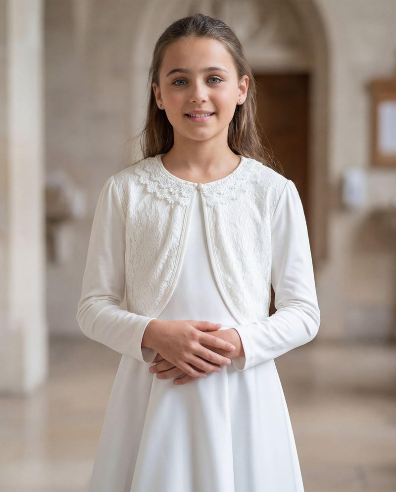 BOLEROSE Girls Long Sleeve Floral Lace Bolero Cardigan Kids Shrug Cover Up (Ivory, 13-14 YRS) - Image 2