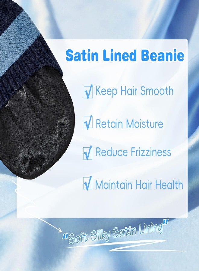 Zando Satin Lined Baby Girls Boys Toddler Winter Hat Earflap Infant Beanie Warm Knit Hat with Pompom Silk Lined Skull Cap Outdoors Christmas School Accessories Blue Stripe 1-3T - Image 3