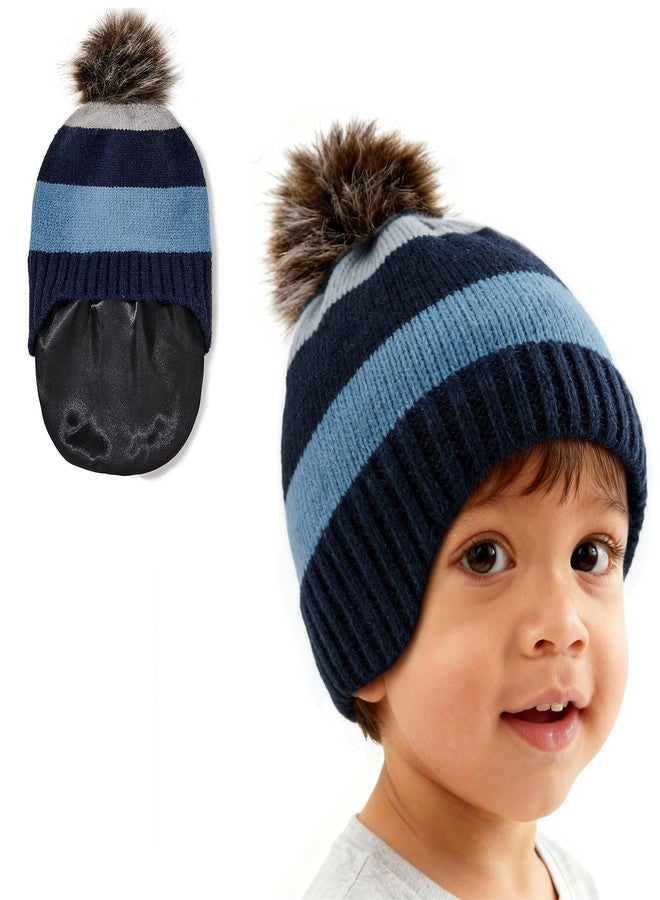 Zando Satin Lined Baby Girls Boys Toddler Winter Hat Earflap Infant Beanie Warm Knit Hat with Pompom Silk Lined Skull Cap Outdoors Christmas School Accessories Blue Stripe 1-3T - Image 1