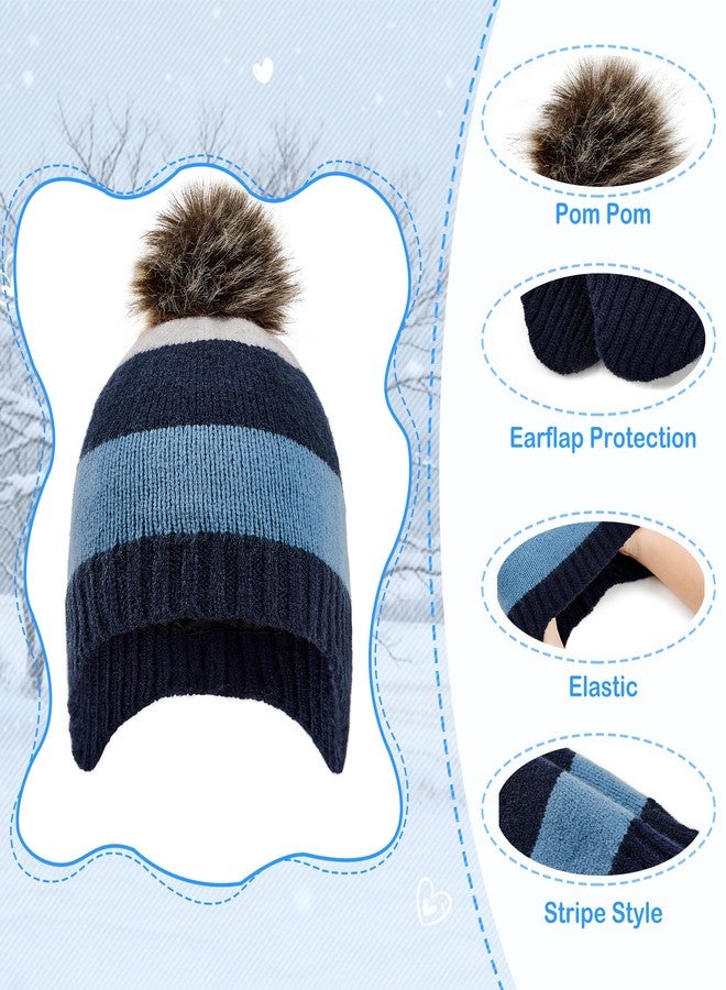 Zando Satin Lined Baby Girls Boys Toddler Winter Hat Earflap Infant Beanie Warm Knit Hat with Pompom Silk Lined Skull Cap Outdoors Christmas School Accessories Blue Stripe 1-3T - Image 4