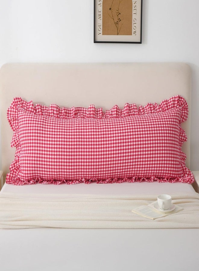 Silnuo Gingham Ruffle Body Pillow Cover, Washed Cotton Red/White Plaid Checkered Long Pillowcase Vintage Pillow Sham-20" x 54" - Image 2