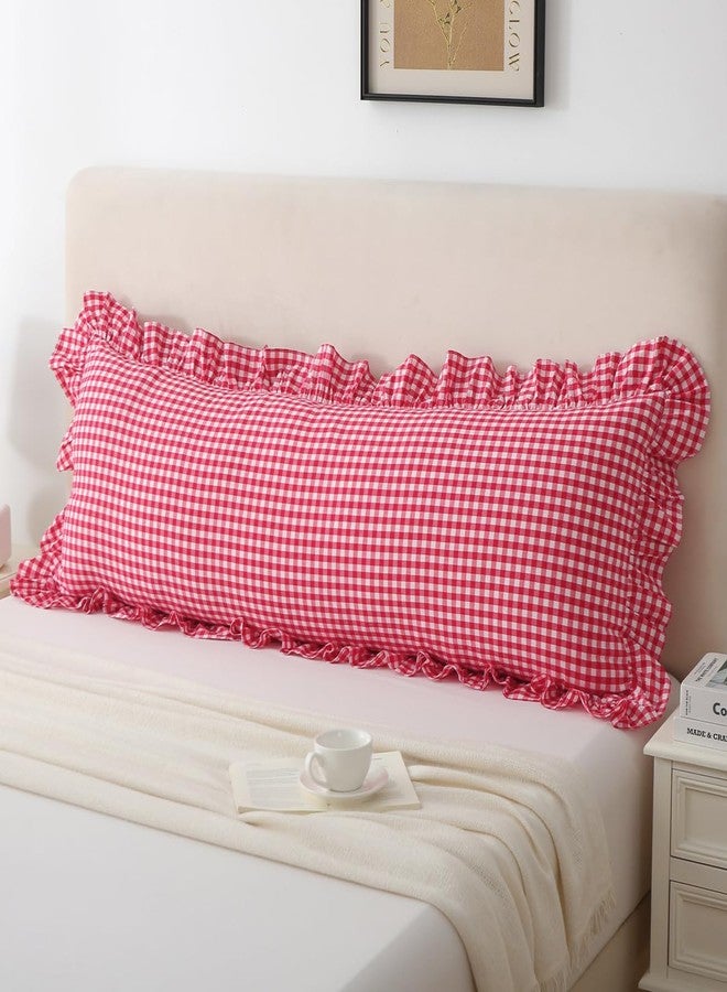 Silnuo Gingham Ruffle Body Pillow Cover, Washed Cotton Red/White Plaid Checkered Long Pillowcase Vintage Pillow Sham-20" x 54" - Image 1