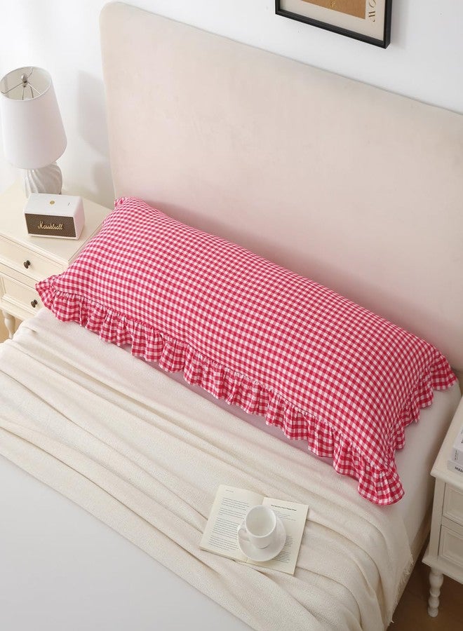 Silnuo Gingham Ruffle Body Pillow Cover, Washed Cotton Red/White Plaid Checkered Long Pillowcase Vintage Pillow Sham-20" x 54" - Image 3