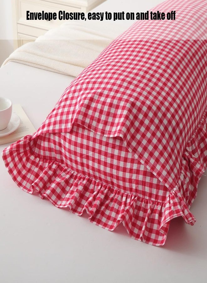 Silnuo Gingham Ruffle Body Pillow Cover, Washed Cotton Red/White Plaid Checkered Long Pillowcase Vintage Pillow Sham-20" x 54" - Image 4