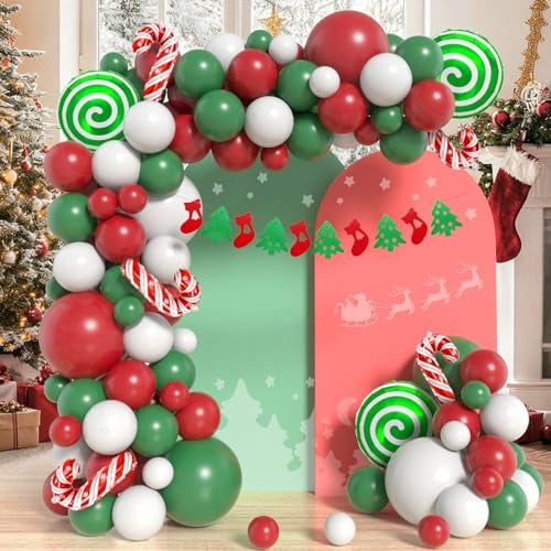 LYVEEF Christmas Balloons Arch Kit Green Red White Balloon Garland With Candy Cane Foil Balloons Christmas Banner Xmas Party Decorations - Image 1