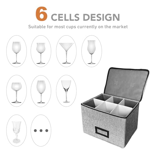 HURZMORO Wine Glass Storage Box with Dividers, Holds 6 Red or White Wine Glasses, Hard Top and Sides,6 Compartment Stemware Storage Container, Grey - Image 4