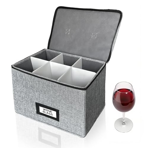 HURZMORO Wine Glass Storage Box with Dividers, Holds 6 Red or White Wine Glasses, Hard Top and Sides,6 Compartment Stemware Storage Container, Grey - Image 1