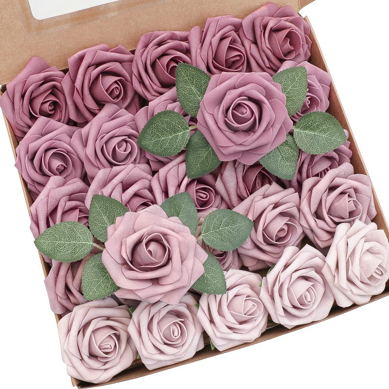 Floroom Artificial Flowers 25pcs Real Looking Mauve Ombre Colors Foam Fake Roses with Stems for DIY Wedding Bouquets Bridal Shower Floral Centerpieces Party Tables Home Decorations