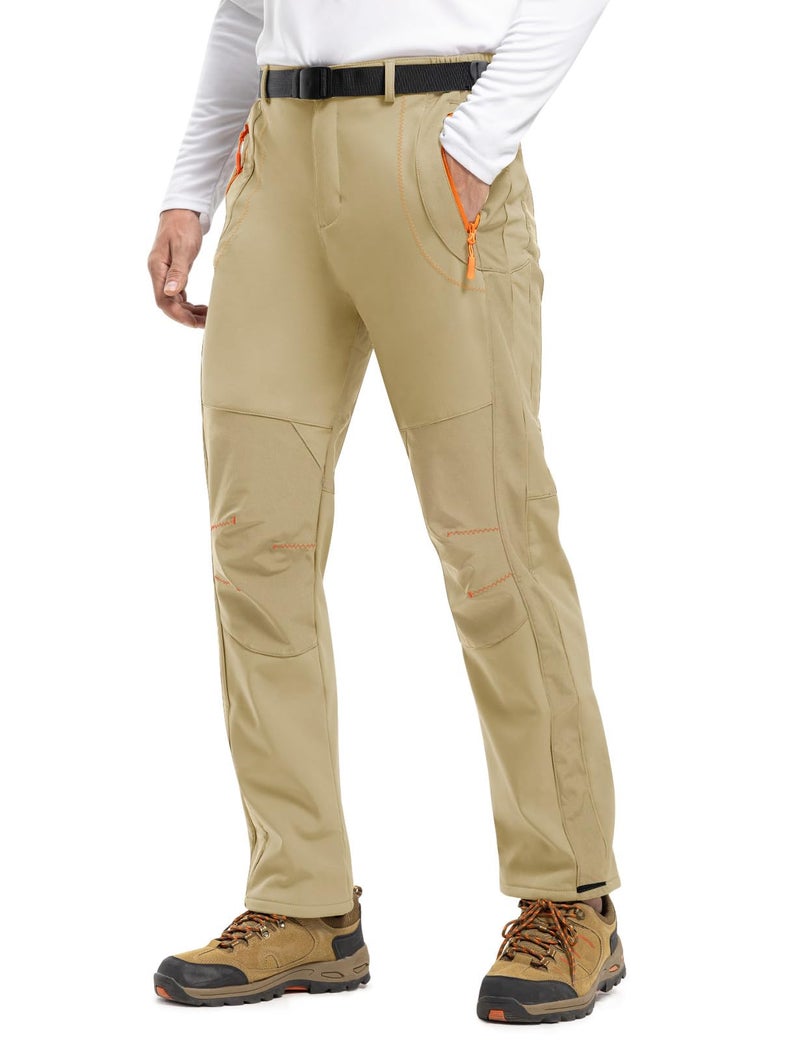 TBMPOY Men's Snow Ski Hiking Pants Waterproof Fleece Lined Pants Outdoor Mountain Softshell with Belt 02 Thick Light Khaki XL - Image 2